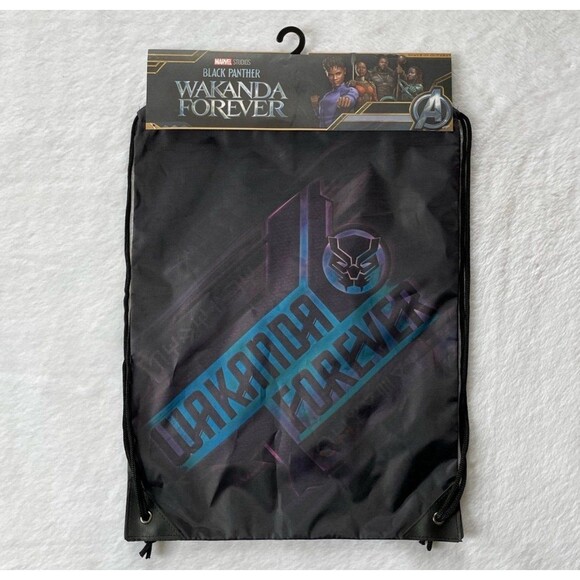 Marvel Black Panther Wakanda Forever Black Drawstring Cinch Sack Bag Gym Bag - Picture 1 of 4